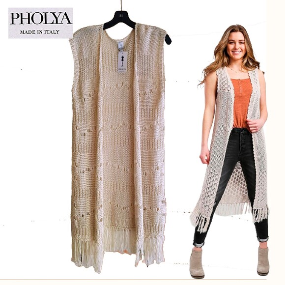 Jackets & Blazers - PHOLYA Italy NEW Bohemian Open Front Fringe Open Knit Midi Vest L